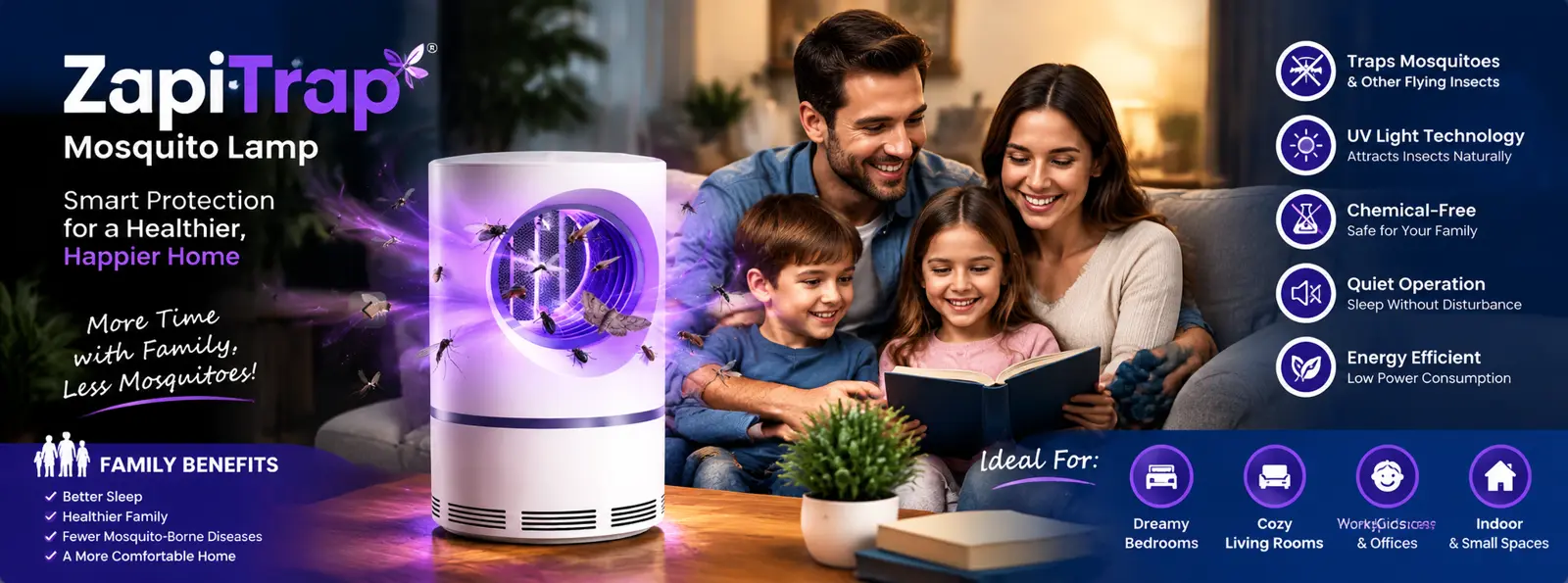 ZapiTrap Mosquito Lamp — smart protection for a healthier, happier home, with a family reading together